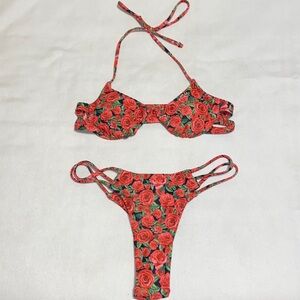 Rosette string thong biking with wired cup bra top - Sz X-small